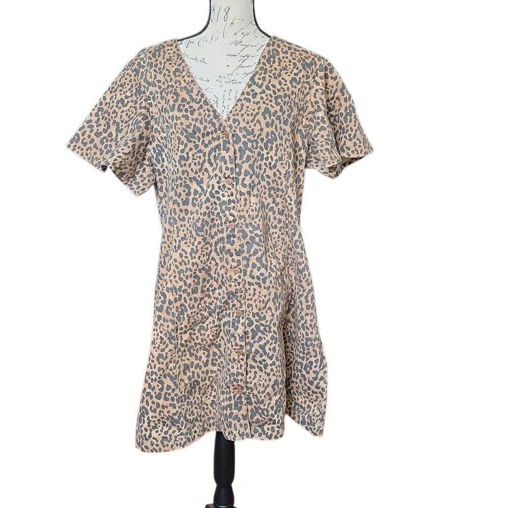 Gap Denim Women's Size XL Tan Black Cheetah Print Button Down Denim Dress